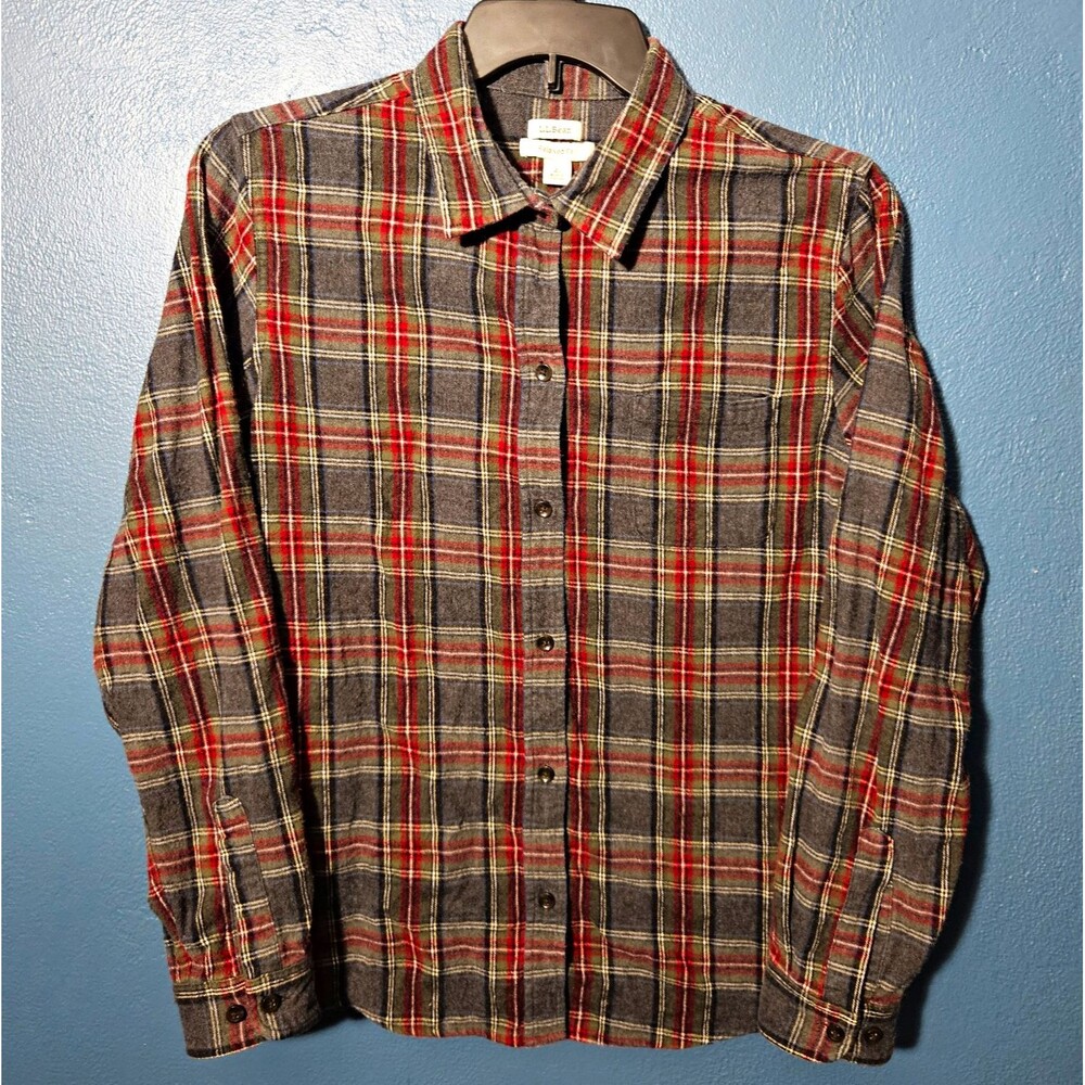 LL Bean Scotch Plaid Flannel Shirt Womens Large Grey Red Button Down Long Sleeve
